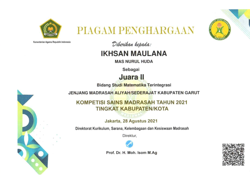 Juara II Matematika Terintegrasi Kompetensi Sain Madrasah 2021